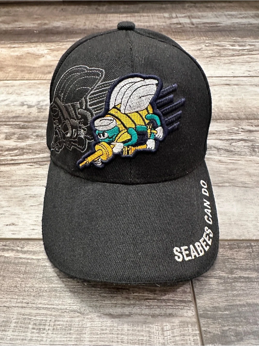 Black United States Navy Baseball Cap with Embroidered Bee Motif